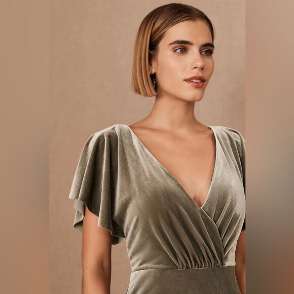 Jenny Yoo Anthro BHLDN Ellis Flutter-Sleeve Open-Back Velvet Gown Green Sz 10 - Picture 3 of 14